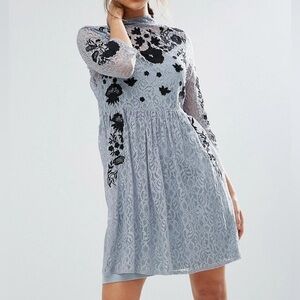 ASOS Dusty Blue Lace Dress with Black Floral Accents